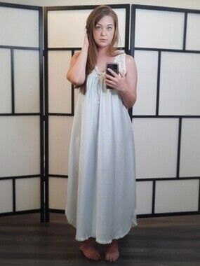 Christian Dior Vintage Union Made Cream & Blue Lace Nightgown L